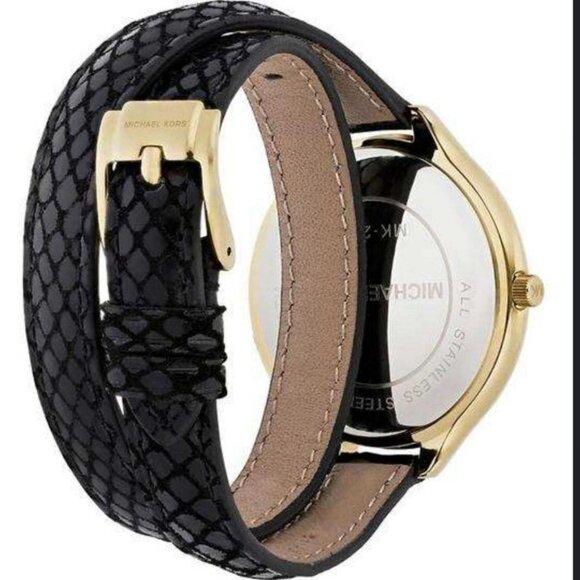 Leather Gold Black Michael Kors Womens Bracelet Cuff Wrap Around Wrist Watch - Picture 9 of 9